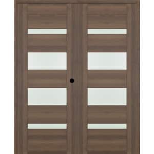 07-01 48 in. x 80 in. Left Active 4-Lite Frosted Glass Pecan Nutwood Wood Composite Double Prehung Interior Door