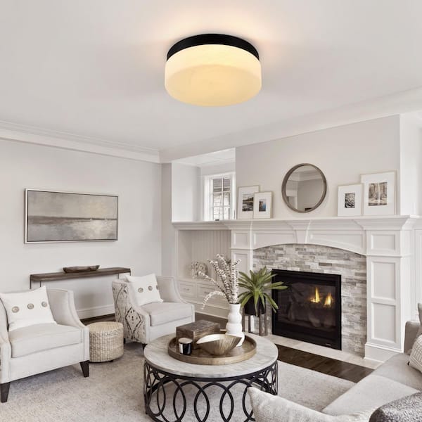 24W 5CCT 11.4 in. Black and Frosted White LED Flush Mount Ceiling Light Fixture with Frosted Glass Shade