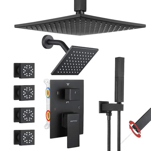 Luxury Single Handle 5-Spray Shower Faucet 1.8 GPM 10 in. Square Ceiling Mounted with Pressure Balance in. Matte Black