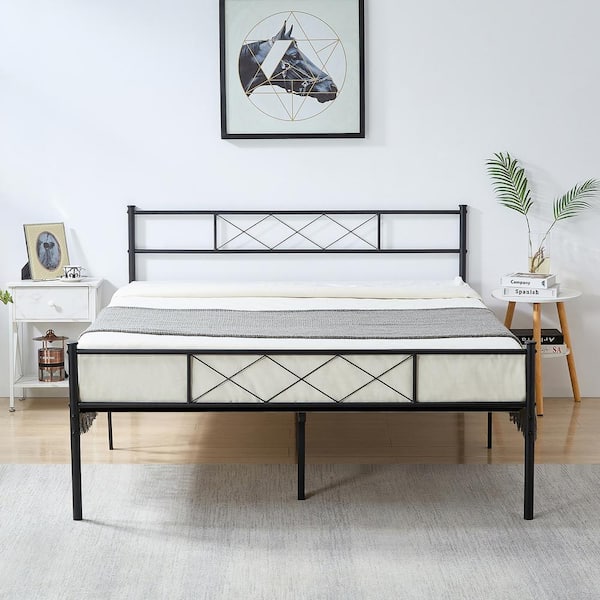 Full size Metal Bed Frame, Metal Platform Bed with Headboard and Footboard, Metal Slat Support, Black，54" W