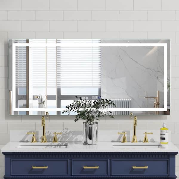 ES-DIY DELX 60 in. W x 28 in. H Large Rectangular Frameless LED Light Anti-Fog Wall Bathroom Vanity Mirror in Glass Polished