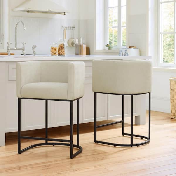 Nyla 32.3 in. Khaki Fabric Metal Frame Upholstered Counter Height Bar Stool with Generous Cushion (Set of 2)