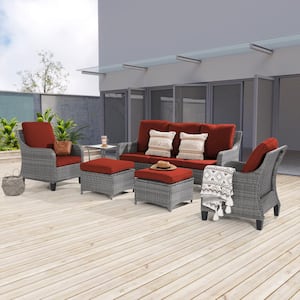 6-Piece Patio Outdoor Conversation Set with Thickening Ottomans Side Table, Rust Red Cushion