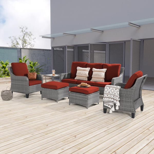 JOYESERY 6-Piece Patio Outdoor Conversation Set with Thickening Ottomans Side Table, Rust Red Cushion