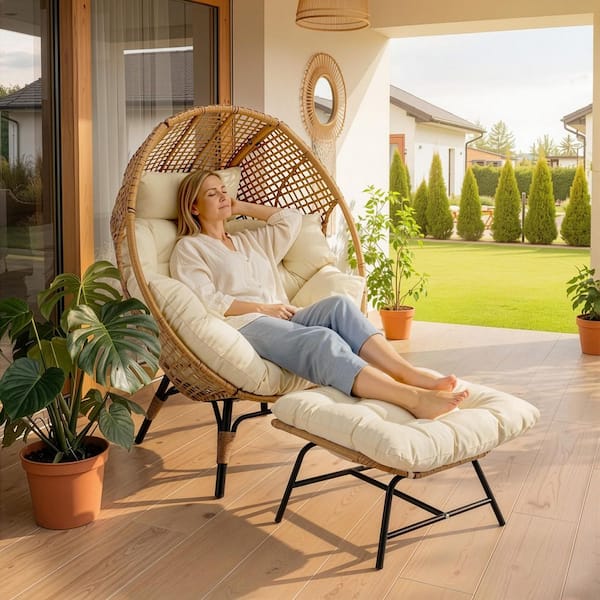 PE Wicker Indoor/Outdoor Lounge Egg Chair with Beige Cushion and Ottoman for Patio Porch Balcony