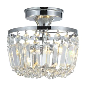 Industrial 9.3 in. 2-Light Silver Round Crystal Semi-Flush Mount Ceiling Light Mini Crystals Chandeliers