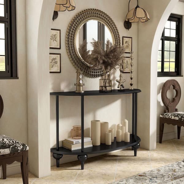 Furniture of America Soela 47.3 in. Black Half Moon Composite Engineered Wood Console Table With Shelf