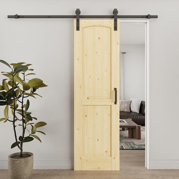 24 in. x 80 in. Arch 2-Panel Unfinished Solid Core Pine Wood Sliding Barn Door with Hardware Kit