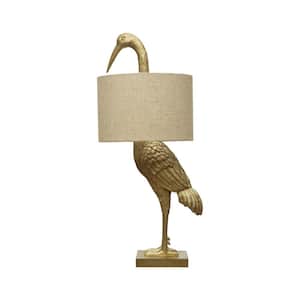 28.75 in. Gold and White Bird Table Lamp with White Linen Drum Shade