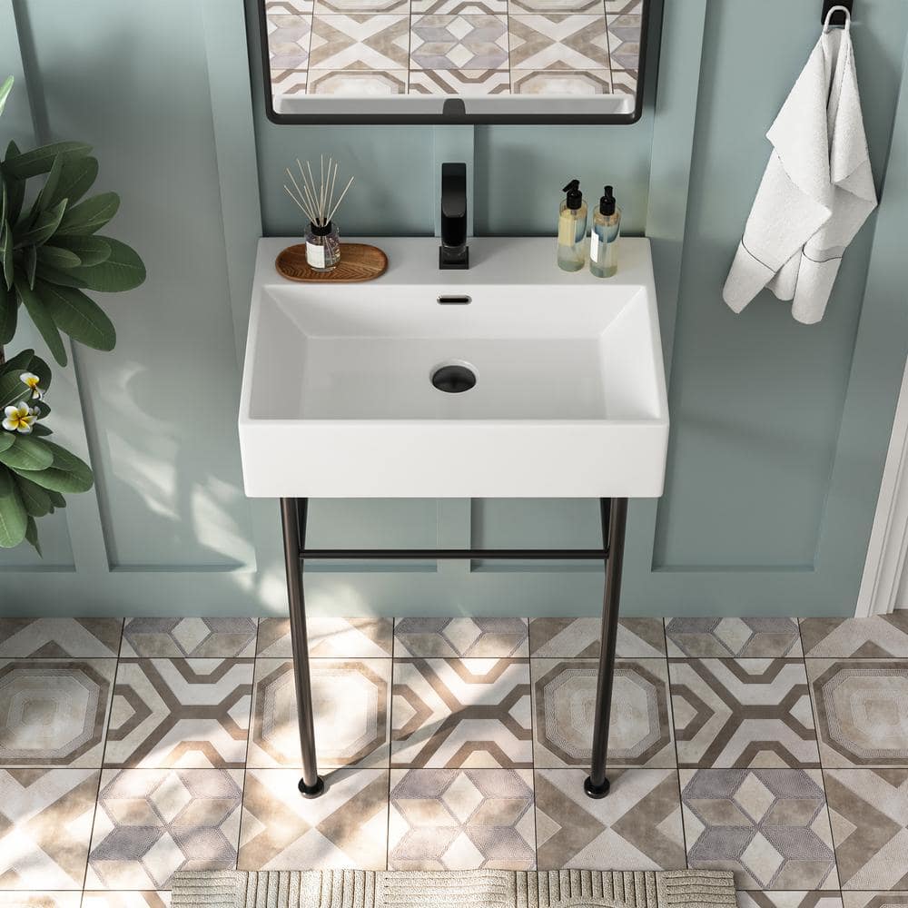 24" White Ceramic Console Bathroom Sink with Black Legs