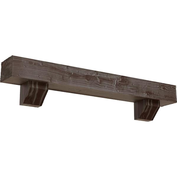 Ekena Millwork 4 in. x 6 in. x 3 ft. Sandblasted Faux Wood Fireplace Mantel Kit, Ashford Corbels, Aged Pecan