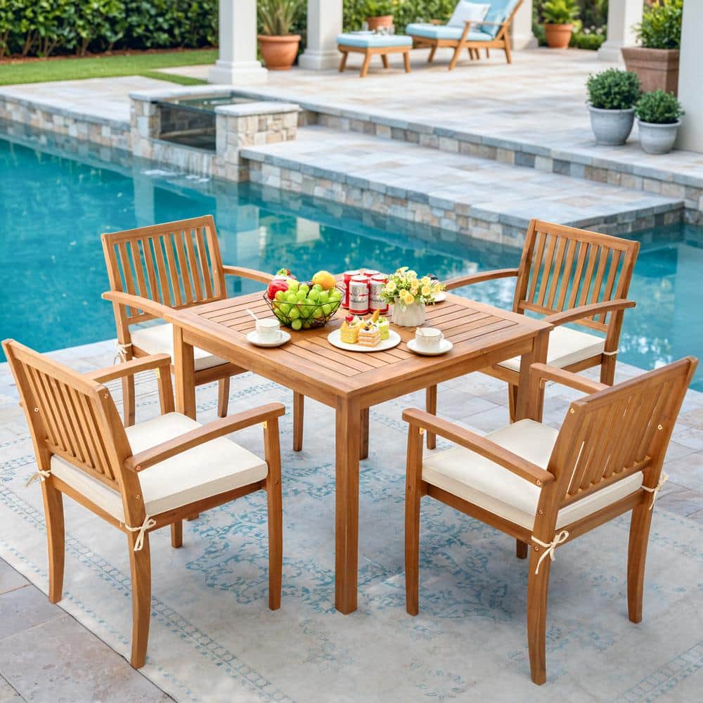 Tozey 5-Piece Acacia Wood Outdoor Dining Set with Beige Cushion