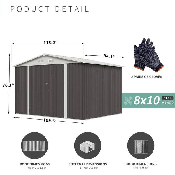 Sizzim Gray 10 ft. W x 8 ft. D Storage Metal Shed with Metal Floor