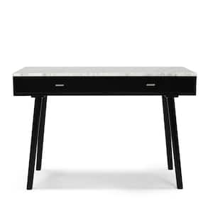 Viola 44 in. Rectangular Carrara White Wood 2-Drawer Writing Desk with Black Legs and Marble Top
