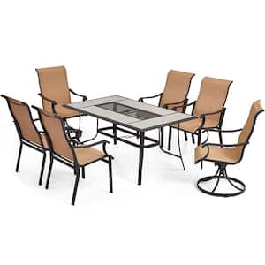 7-Piece Patio Dining Set, Outdoor Table Chair Set, Metal Table with Umbrella Hole, 4 Fixed and 2 Swivel High Back Chair