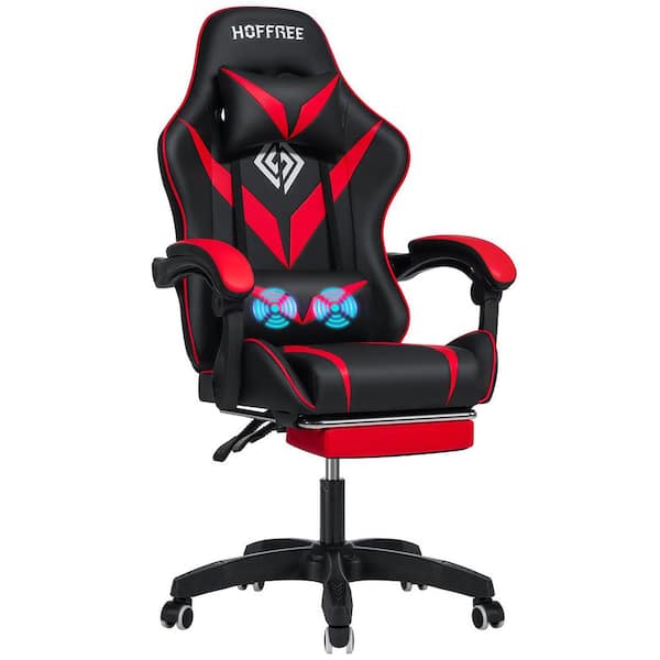 Hoffree Faux Leather Massage Reclining Ergonomic Gaming Chair in Red with Footrest