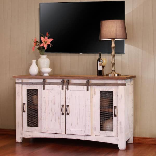 HomeRoots White TV Stand Fits TV's up to 60 in. with Cabinet, Storage