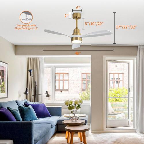 Auris 48 in. White Blades Indoor Gold Ceiling Fan with LED Light Quiet DC Motor Downrod Mount TaiMei Ceiling Fans With Lights