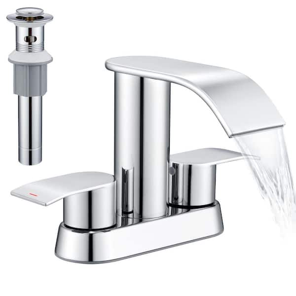 4 in. Centerset Double-Handle Waterfall Spout Bathroom Vessel Sink Faucet with Pop Up Drain Kit in Chrome