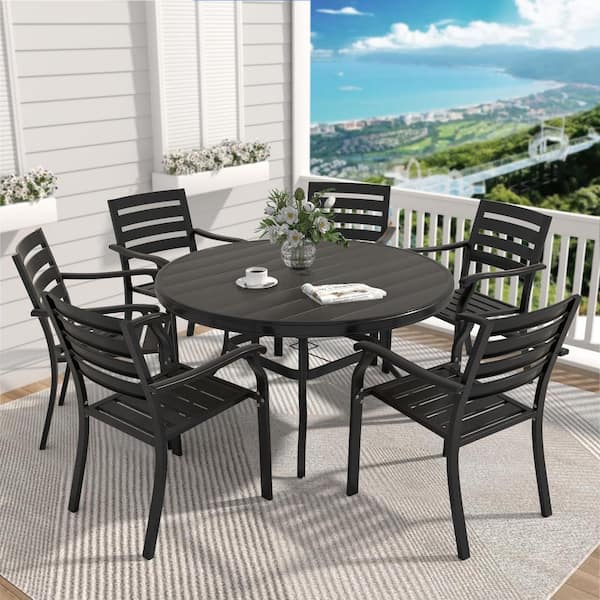 7 Pieces Black Metal Outdoor Patio Dining Set with 6 Stackable Chairs and 52.95" Round Table, for Lawn, Garden, Backyard