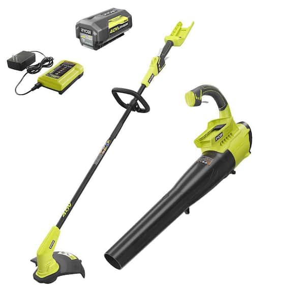 RYOBI 40V Cordless Battery String Trimmer and Jet Fan Blower Combo Kit (2-Tools) with 4.0 Ah Battery and Charger