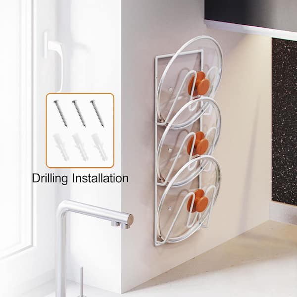 2.4 in. D x 6.3 in. W x 13.6 in. H Pot Lid Organizer Rack, 3-Tier Pot Lids Holder for Cabinet and Wall, White (2-Pack)