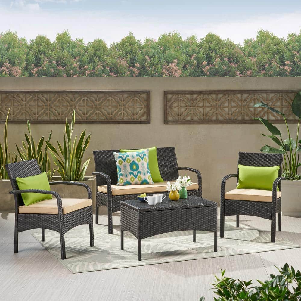 Outdoor 44 in. Brown PE Rattan Club Chair Set with Iron Frame, 4 Seating Ca