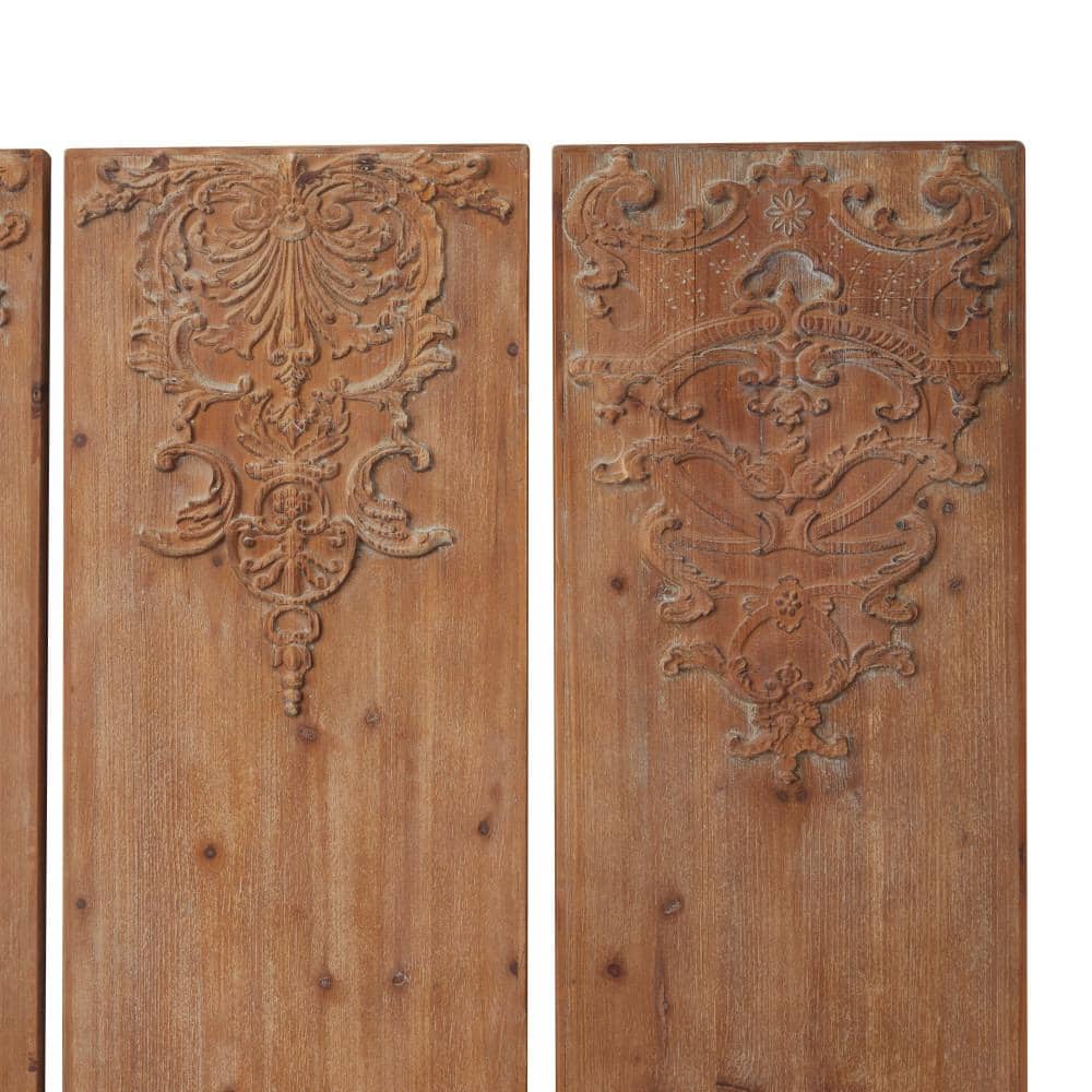 Brown Wood Carved Floral Antefix Wall Decor Set of 3