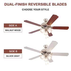 52 in. Indoor Vintage Ceiling Fan with 3 LED Lights, Pull Chain Control, AC Motor, Walnut/Silver Reversible Blades
