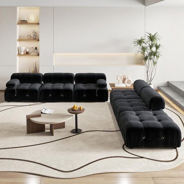Chameleon 138 in. Square Arm 6-piece Modern Velvet Modular Combination Sectional Sofa Living Room with Ottoman in Black