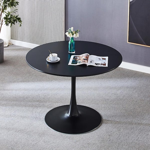42 in. Black Round MDF Coffee Table with Metal Pedestal Base Tulip Table Kitchen Round Dining Table for 4-6 People