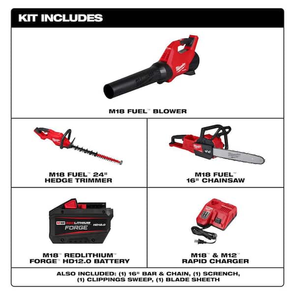 M18 FUEL 120 MPH 500 CFM 18V Brushless Cordless Battery Powered Blower 12.0 Ah Kit w/ Chainsaw & Hedge Trimmer (3-Tool)