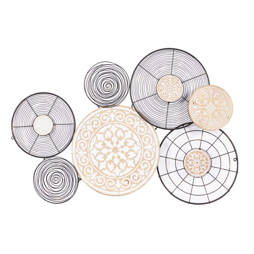 Boho Black and Beige Metal and Pinewood Circle Wall Sculpture