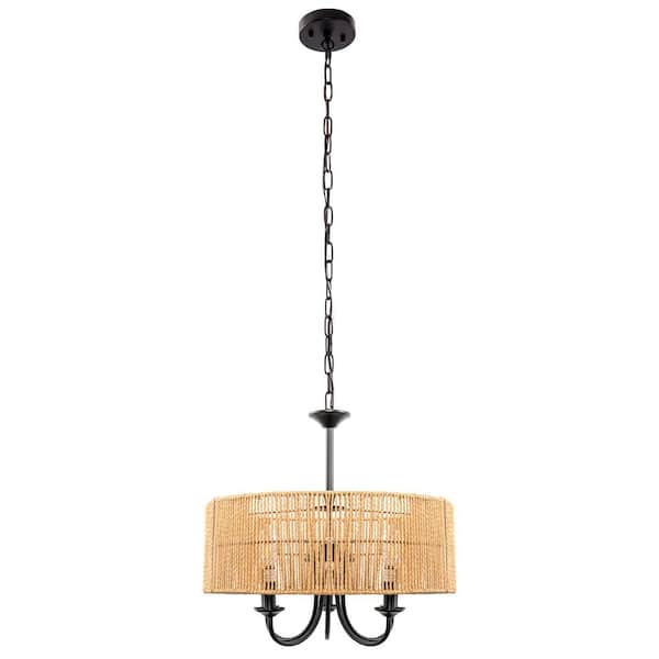 Briignite 5-Light Rustic Boho Rattan Chandelier with Tiered Drum Shade, Large Farmhouse Pendant Light for Dining Room and Foyer