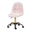 Three-quarter view of a blush pink velvet task chair with a gold base.