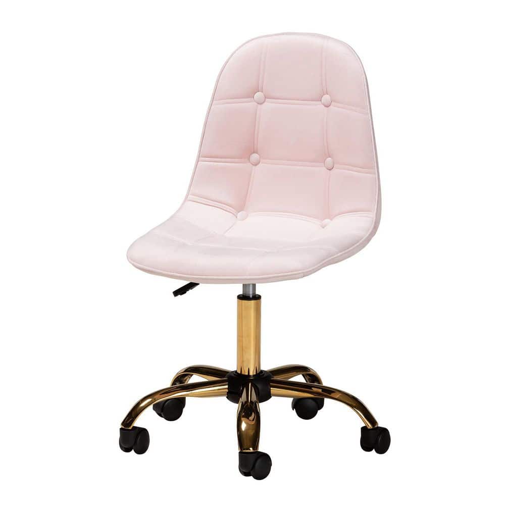 Three-quarter view of a blush pink velvet task chair with a gold base.