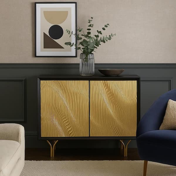 Yien Black and Gold Wood 17.0 in. Accent Sideboard Console Buffet Cabinet with 1-Shelf