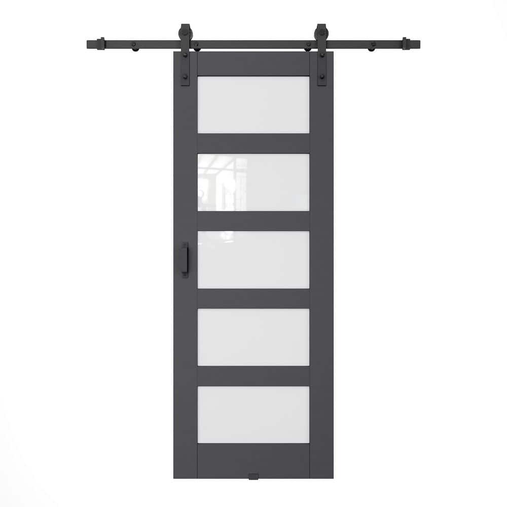 32 in. x 80 in. 5 Lite Tempered Frosted Glass Black Finished MDF Composite Sliding Barn Door with Hardware Kit price history on PriceWatchPro