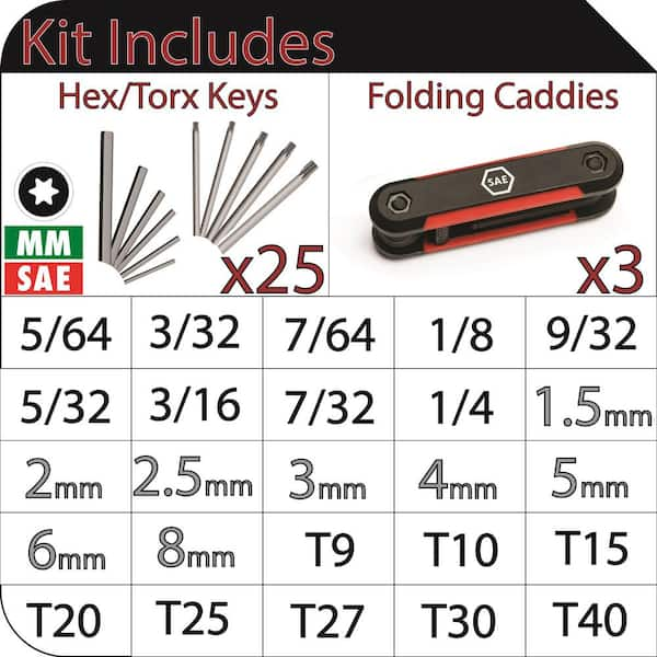 Folding Hex Key Set (9-Piece SAE, 8-Piece MM, 8-Piece Torx)