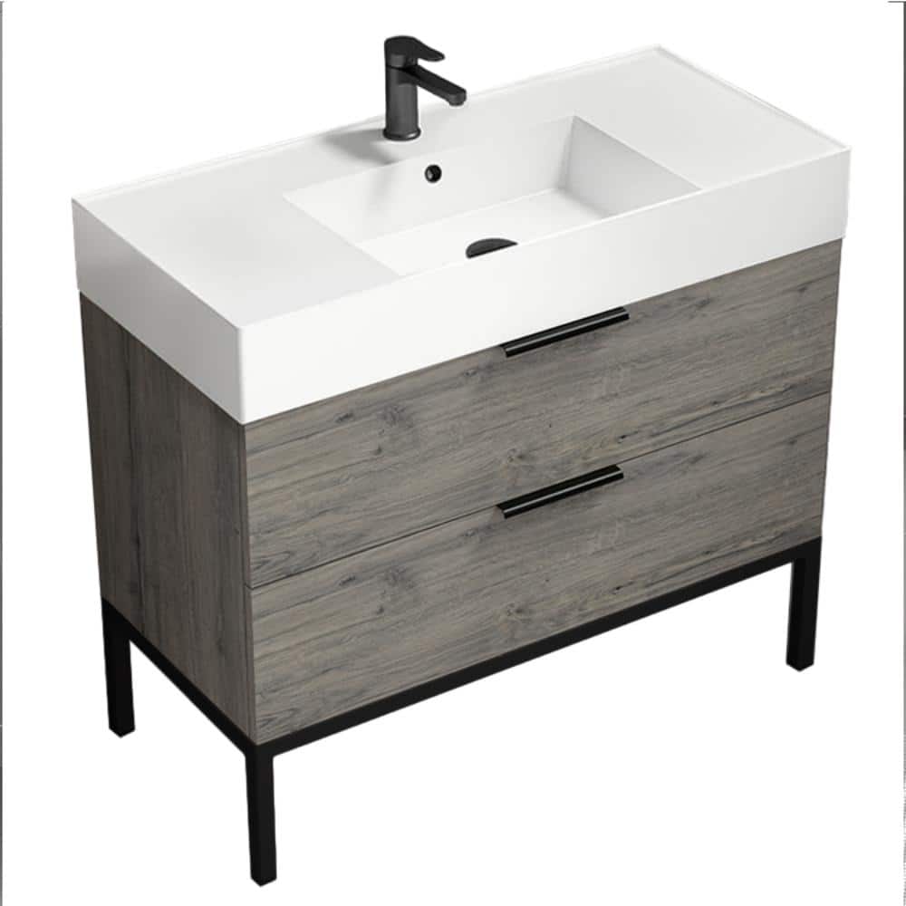 Derin 40" Grey Oak and Black Freestanding Single Basin Vanity Set