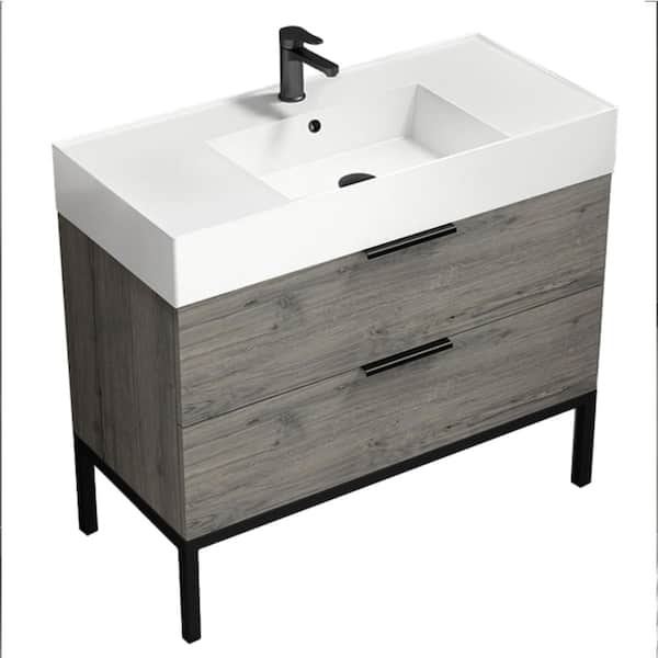 Nameeks Derin 39.53 in. W x 18.11 in. D x 34.65 in. H Modern Bathroom Vanity in Grey Oak With White Ceramic Top