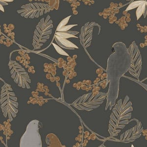 Non-woven Black Birds and Berries Tropical Easy to Remove Shelf Liner Wallpaper