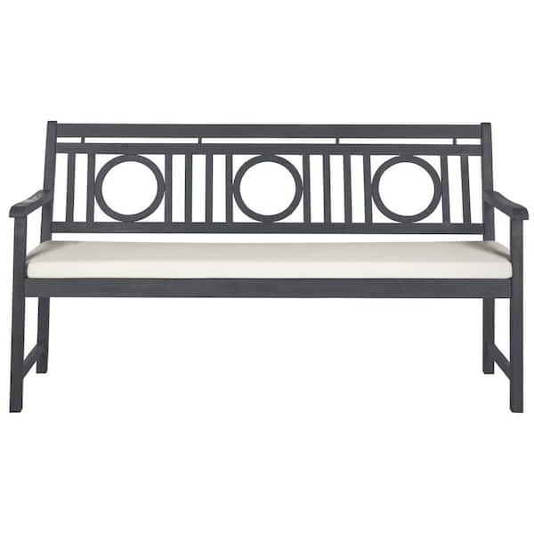 SAFAVIEH Montclair 60.6 in. 3-Person Ash Gray Acacia Wood Outdoor Bench with Beige Cushions