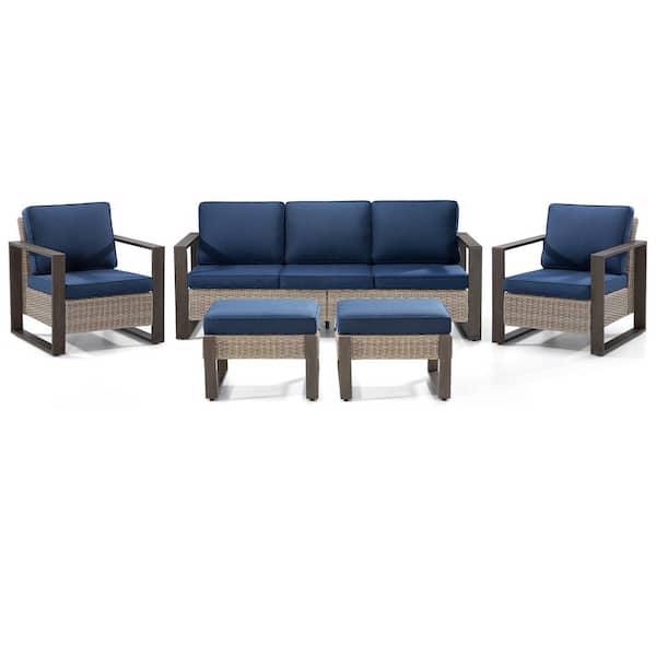 5-Person Wicker Outdoor Patio Conversation Set Rectangular Framed with Blue Cushions