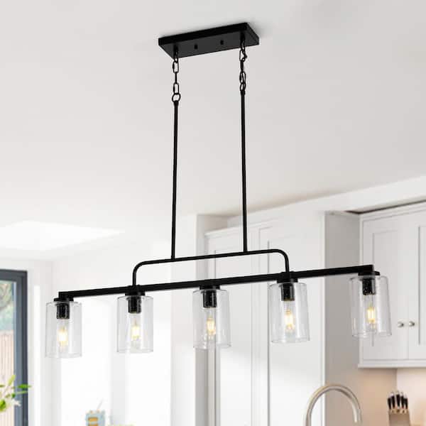 Gaul 5-Light 42.5 in.W Matte Black Modern Industrial Rectangular Island Chandelier with Seeded Glass Shade for Kitchen