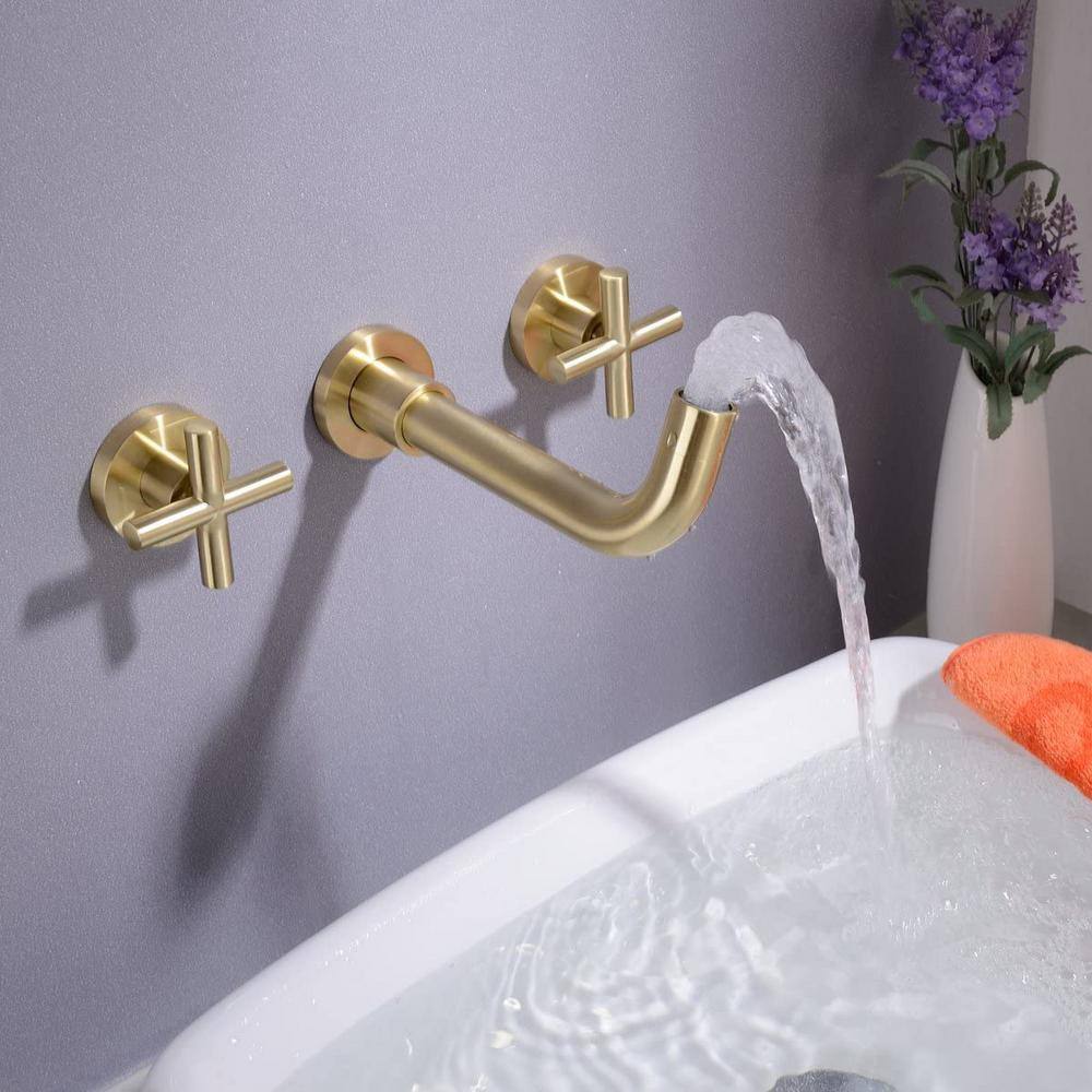 Brushed Gold Double Handle Wall Mount Bathroom Faucet