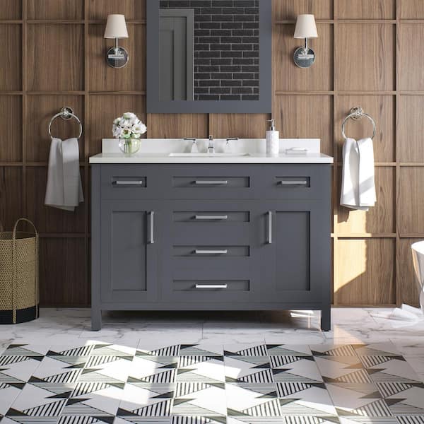 OVE Decors Tahoe 48 in. W x 21 in. D x 34 in. H Single Sink Bath Vanity in Dark Charcoal with White Engineered Stone Top