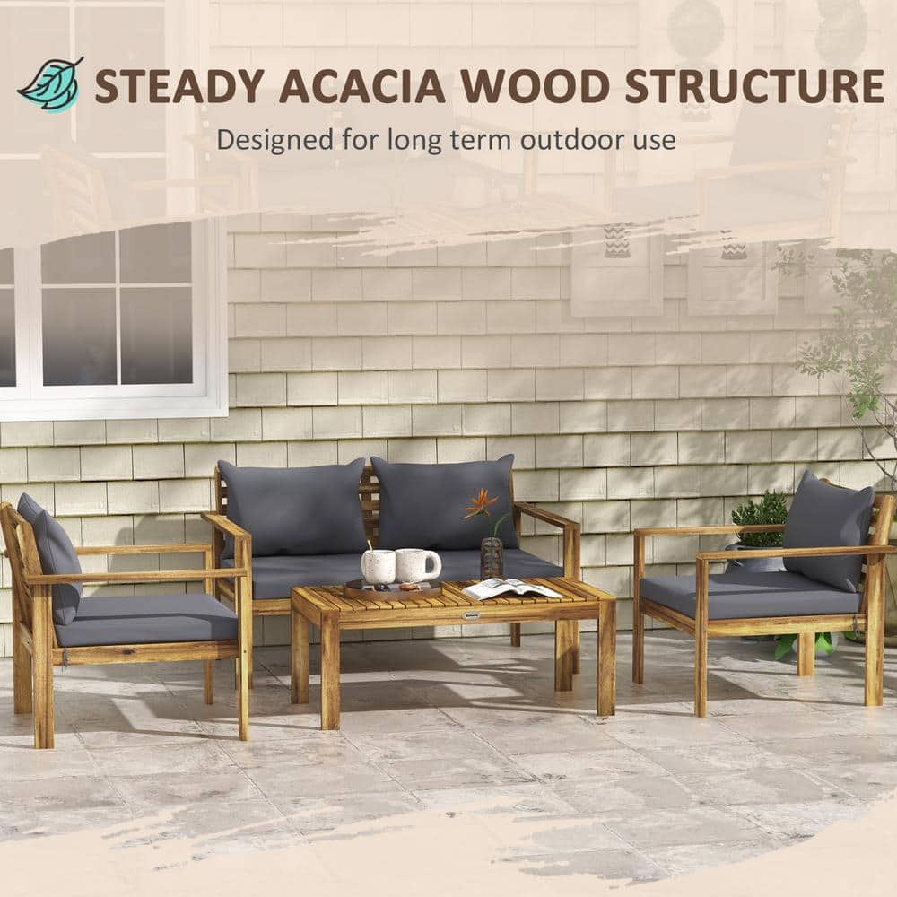 Acacia Wood 4-Piece Outdoor Patio Set with Gray Cushions