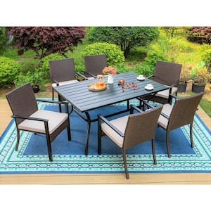 Black 7-Piece Metal Slat Rectangle Table Patio Outdoor Dining Set with Rattan Chairs with Beige Cushion