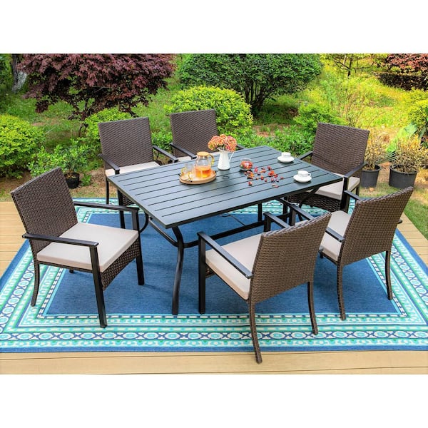 PHI VILLA Black 7-Piece Metal Slat Rectangle Table Patio Outdoor Dining Set with Rattan Chairs with Beige Cushion